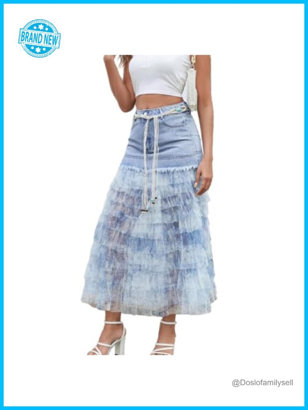 Ypser Boho Tiered Denim Midi Skirt Mesh Tulle Patchwork